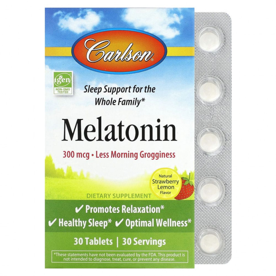 Carlson, Melatonin, Natural Strawberry Lemon , 300 mcg, 30 Tablets    , -, 