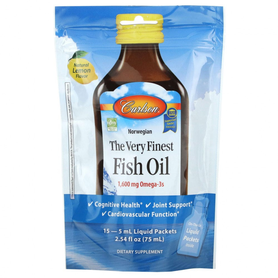  Carlson, Norwegian, The Very Finest Fish Oil, Natural Lemon, 1,600 mg, 15 Packets, (5 ml) Each  Iherb ()