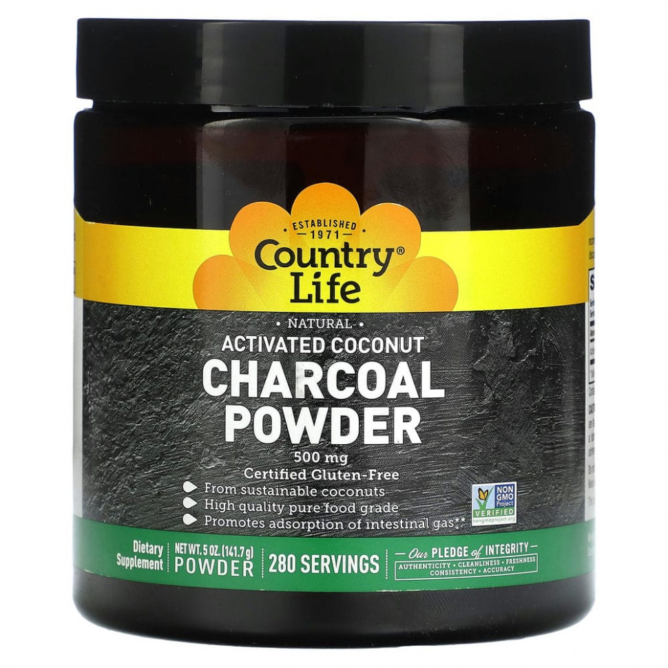 Country Life, Natural Activated Coconut Charcoal Powder, 500 mg, 5 oz (141.7 g)    , -, 