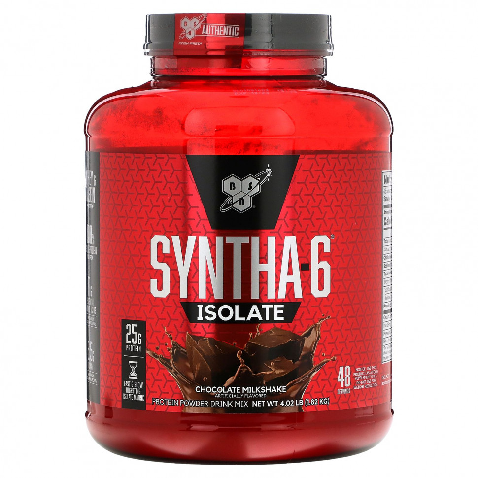 BSN, Syntha-6 Isolate, Protein Powder Drink Mix, Chocolate Milkshake, 4.02 lbs (1.82 kg)    , -, 