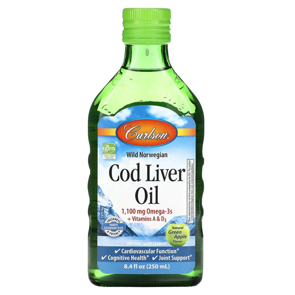 Carlson, Cod Liver Oil, Natural Green Apple , 1,100 mg, 8.4 fl oz (250 ml)    , -, 