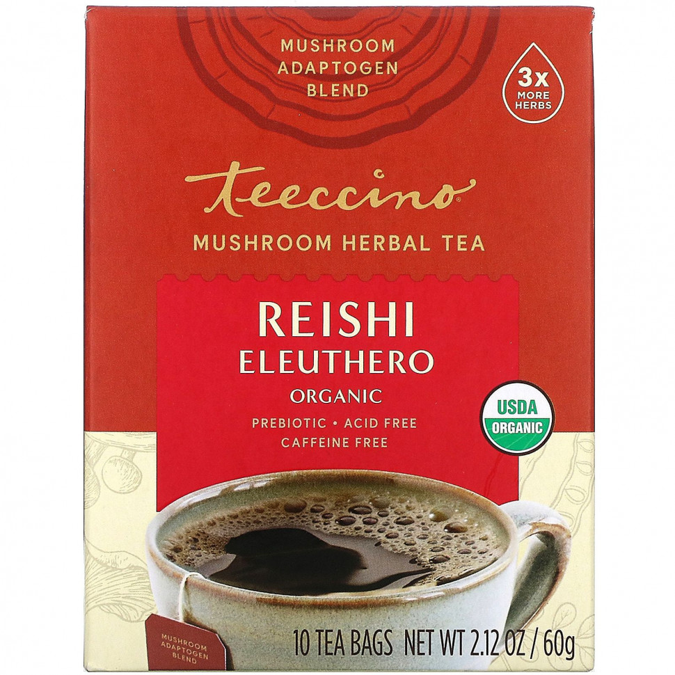 Teeccino, Mushroom Herbal Tea, Organic Reishi Eleuthero, French Roast, Caffeine Free, 10 Tea Bags, 2.12 oz (60 g)    , -, 