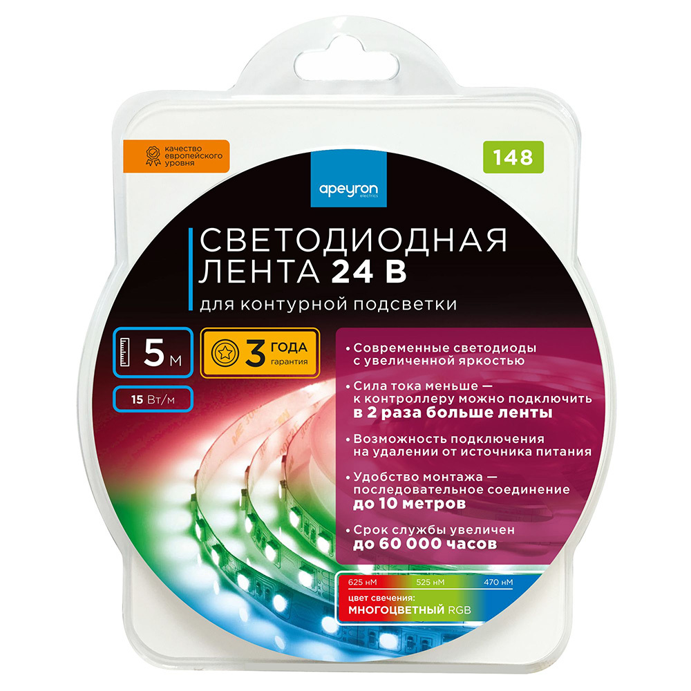 ���������� ����� ������������ SMD 5050 RGB ���� 24 � 15 ��/� 5 � IP20 Apeyron (148��)  