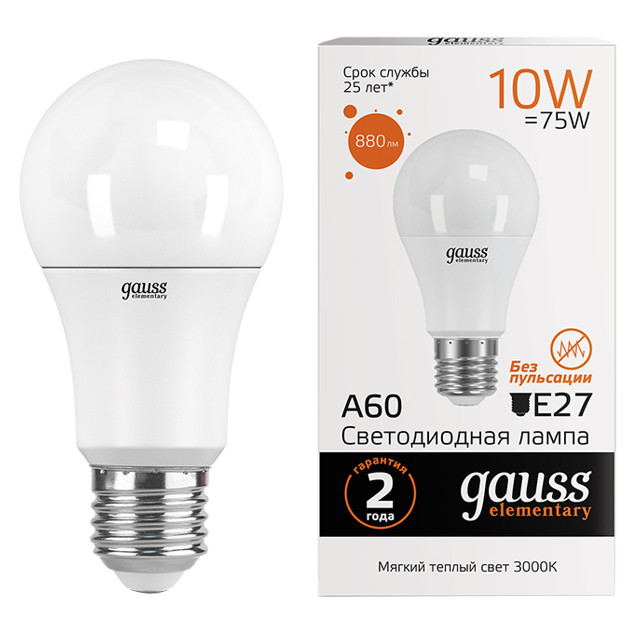 ���������� ����� GAUSS Elementary 10�� �27 LED 880�� 3000K A60 ���  