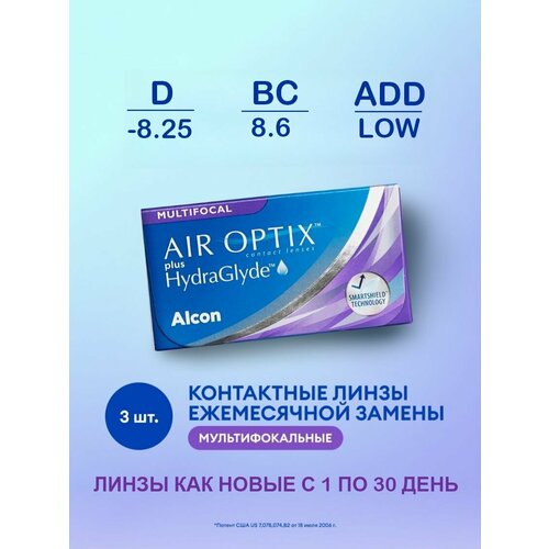 ���������� ���������� ����� �� ����� Alcon Air Optix Plus HydraGlyde Multifocal, 3 ��., R 8,6, D -8,25, ADD: ������, 1 ��.