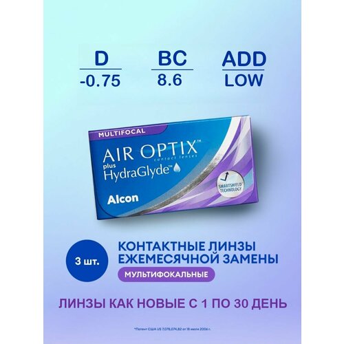 ���������� ���������� ����� �� ����� Alcon Air Optix Plus HydraGlyde Multifocal, 3 ��., R 8,6, D -0,75, ADD: ������, 1 ��.
