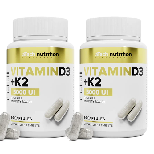 ���������� ����� 2 �������� ������� D3 5000 �� + �2 50 ���, aTech Nutrition, 60 + 60 ������