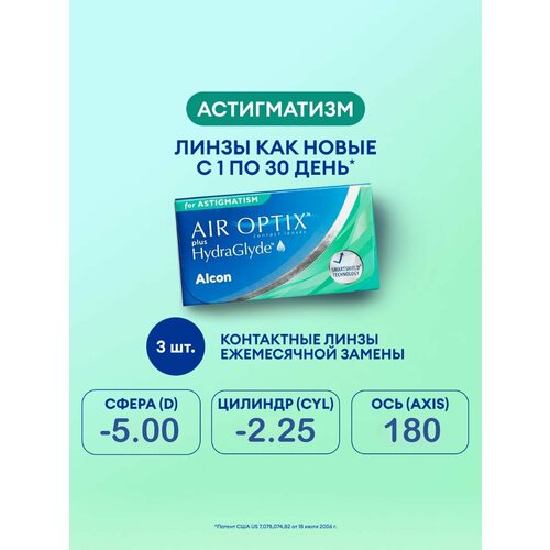 ���������� ���������� ����� �� ����� Alcon Air optix Plus HydraGlyde for Astigmatism., 3 ��., R 8,7, D -5,�CYL:�-2,25,�A�:�180