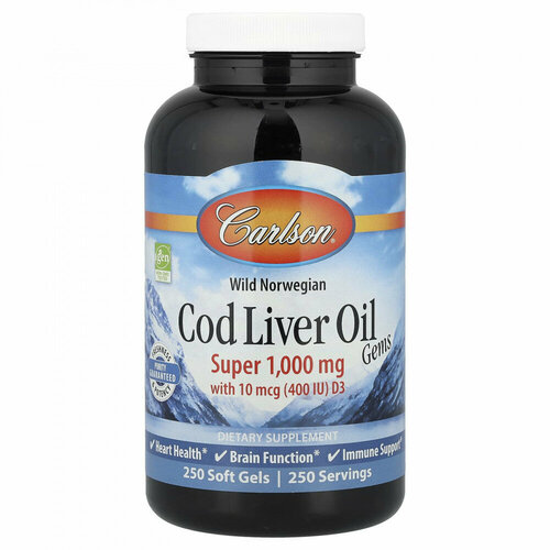 ���������� Carlson, Cod Liver Oil Gems, ������� �� ���� ������ ����� ���������� ������, ������� ��������, 1000 ��, 250 ������