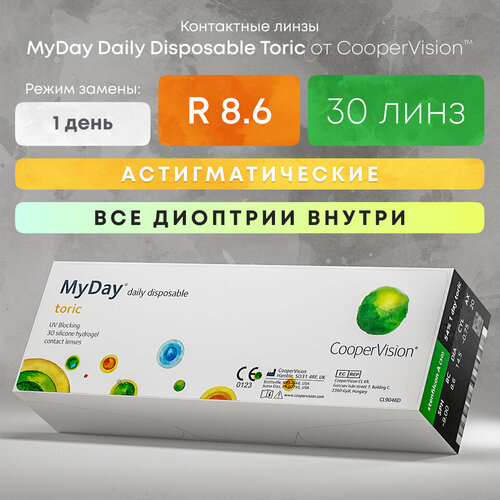 ���������� ����������� ���������� ����� CooperVision MyDay daily disposable toric, 30 ��., R 8,6, D 0,�CYL:�-0,75,�A�:�10, 1 ��.