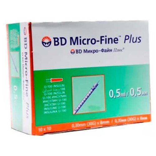 ���������� ����� ����������� BD Micro-Fine Plus U-100 ����������������, 8 �� x 0.3 ��, ������: 30G, 0.5 ��, 100 ��.