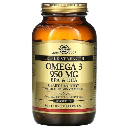 ���������� Solgar, Omega 3, EPA & DHA, Triple Strength, 950 mg, �����-3, ��� � ���, ������� ������������, 950 ��, 100 ������